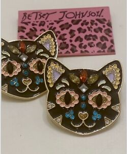 Betsey Johnson Black Enamel Crystal  Kitty Cat Kitten Stud Earrings NWT