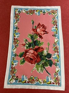 Vintage All Cotton Tea Towel w Red Rose Floral Pattern Kitchen Cloth Flower Art - Picture 1 of 12