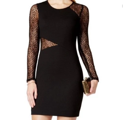 Guess Dress 女式 0 码黑色长袖紧身网眼蕾丝袖 LBD 派对 — 第 1/4 张图片