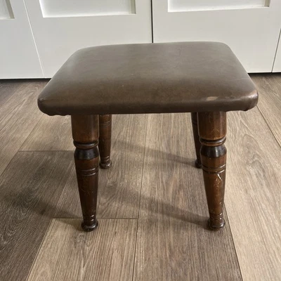Vintage MCM FAUX LEATHER FOOTSTOOL Brown Ottoman Rectangle Hassock 11.5”H x 12”W - Image 1 of 4