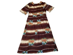 Vintage 1960s Mod Dress Polyester Short-Sleeve Brown/Tan w/ Floral Pattern EUC - Picture 1 of 9