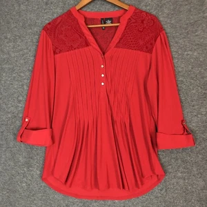 New Directions Top Womens L Red Velvet Burnout Yoke Pleated 3/4 Sleeve Blouse - Picture 1 of 11