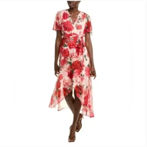 Eliza J High Low Floral Maxi Dress Size 6 Red Roses Sundress Flutter Sleeves - Picture 1 of 11