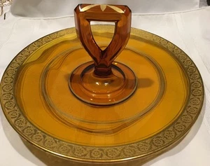 Vint Elegant Amber Gold Glass Sandwich Handled Party Tidbit Platter Tray* - Picture 1 of 9
