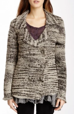 Free People Double Breasted Sweater Sz S Zebra Chunky Knit Wool Blend Cardigan - Image 1 of 4
