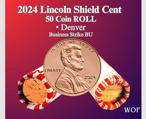 2024 D LINCOLN SHIELD CENT 50 COIN SEALED ROLL GEM BU   FREE SHIPPING - Afbeelding 1 van 2