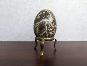 Vintage Rock Egg on Metal Stand Brown Granite Marble Decor - Picture 1 of 15