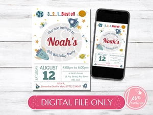 DIGITAL Outer Space PERSONALISED Invitations -Boys Rocket Birthday Party Invites - Picture 1 of 5