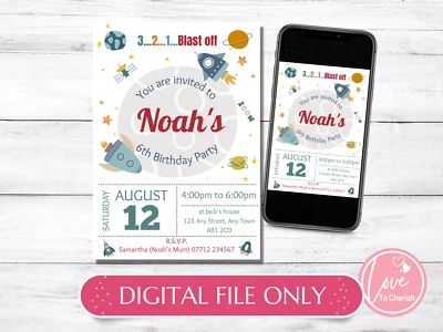 DIGITAL Outer Space PERSONALISED Invitations -Boys Rocket Birthday Party Invites - Image 1 of 4