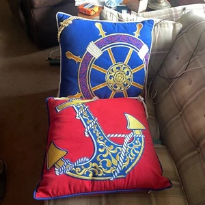 Lot of 2 Nautical Throw Pillows Blue Ship Wheel & Red Anchor 19" Large Square - Picture 1 of 14