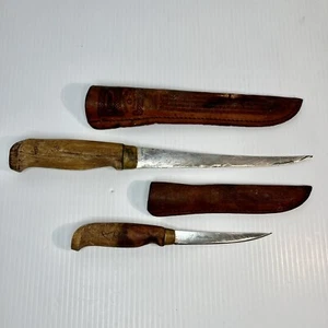 J Marttiini Filet Fishing Knife Pair 7” & 4" Blade wood handle signed sheath lot - Picture 1 of 18
