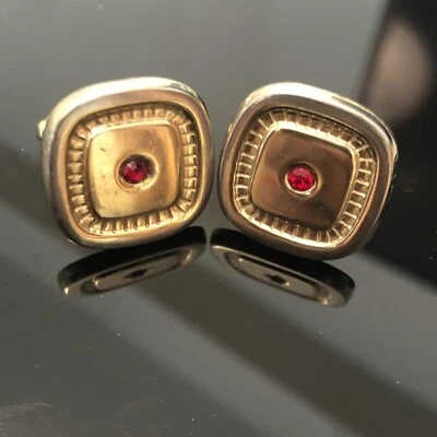  Vintage Gold Tone  Cufflinks With Red Faceted Glass Stone - Image 1 of 4