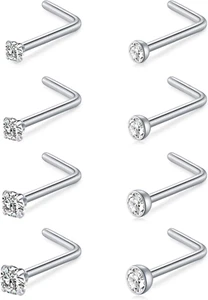 Nose Studs 18G & 20G L Shaped Surgical Steel Diamond Studs for Men & Women - Picture 1 of 11