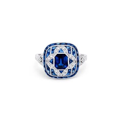 Kunst Deko Blauer Saphir Alte Mine Diamant Verlobungsring Platin European 2.28CT - Bild 1 von 4