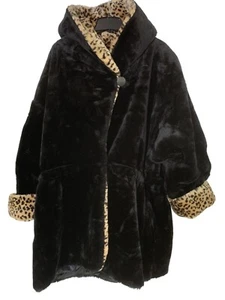 Black Faux Fur Coat Leopard Print Trim Hooded Monterey Fashions 3X RG10187 - Picture 1 of 13