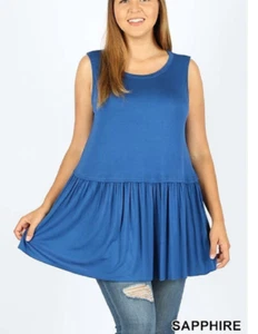 Zenana Premium 2X Soft Stretch Jersey Scoop Neck Ruffle Hem Tunic Top Saphirre - Picture 1 of 2