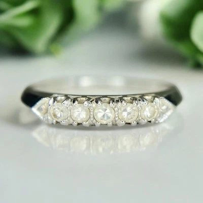 Art Deco 14k White Gold Round Single Cut Diamond Wedding Band Ring - Image 1 of 4