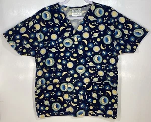Celestial Scrub Top womens size S small by Crest moon planets stars night Blue - Picture 1 of 4