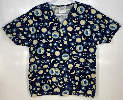 Celestial Scrub Top womens size S small by Crest moon planets stars night Blue - Image 1 of 4