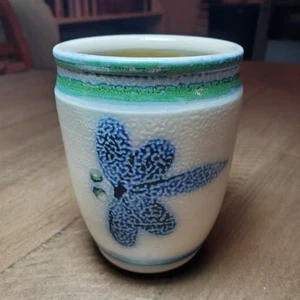 Studio Kunst Keramik Vase blaue Libelle klein 4" salzglasiert signiert Gogan Schablone - Bild 1 von 7
