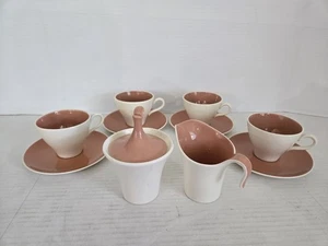 Harkerware Coral & White Sugar Dish, Creamer & 4 Cups/Saucers FREE SHIP - Picture 1 of 16