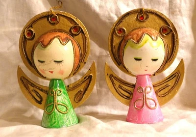 Vintage Paper Mache Angel Japan 2 Piece 60s MCM Holiday Christmas Ornaments - Image 1 of 4