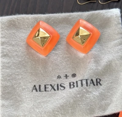 Pendientes Alexis Bittar 100 % auténticos neón naranja lucita y oro armadura poste Foto 1 de 4