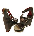 Tommy Hilfiger Womens Black Leather Back Zipper Wedge Heel Strappy Sandals Us 6M
