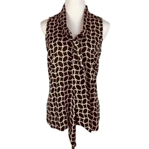 New York & Co. Side Zip Tie Front Blouse Women's Medium Brown White Sleeveless - Picture 1 of 11