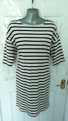 HOBBS LONDON Size 12 White Navy Blue Stripe Soft Stretchy Shift Dress Pockets  - Image 1 of 4