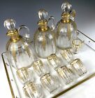 Exq Antique French Liqueur Service, Baccarat, 3 Carafe 9 Cups, Tray, Gold Enamel