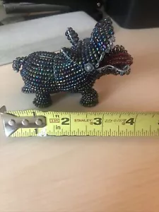 Hippopotamus 4” Figurine Sculpture Glass Beaded Metal Wire Art Blue/Multi - Picture 1 of 6