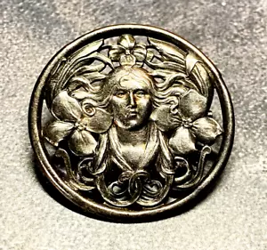 Vintage Sterling Silver Brooch Art Nouveau Goddess Face 5.80g - Picture 1 of 9
