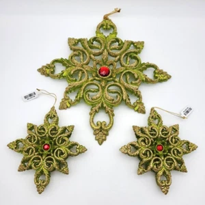 Pier 1 Ornamente mit grünem Glitzer rotem Juwel ausgefallener Stern geometrischer Set 3 Lg + Sm - Bild 1 von 12