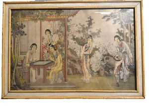 Vintage 18.-19. Jahrhundert chinesische Seidenmalerei Hof Frauen Kind 26” x 18” - Bild 1 von 23