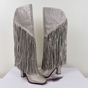 Jessica Simpson Asire2 Boots Size 9M Gold Rhinestone Shimmer Fringe Knee High