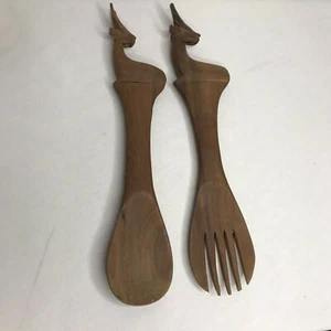Wood Gazelle Salad Fork Spoon Serving Set Teak 12 Inches - Picture 1 of 5