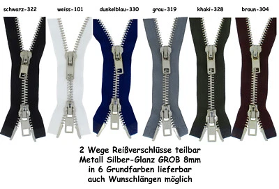 2 Wege Reißverschluss 2-MSG Metall Silber 8mm GROBE STARKE Metallreißverschlüsse - Bild 1 von 2