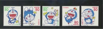JAPAN 1997 GREETING DORAEMON MANGA ANIME COMP. SET OF 5 STAMPS SC#2564-2568 USED - Image 1 of 4