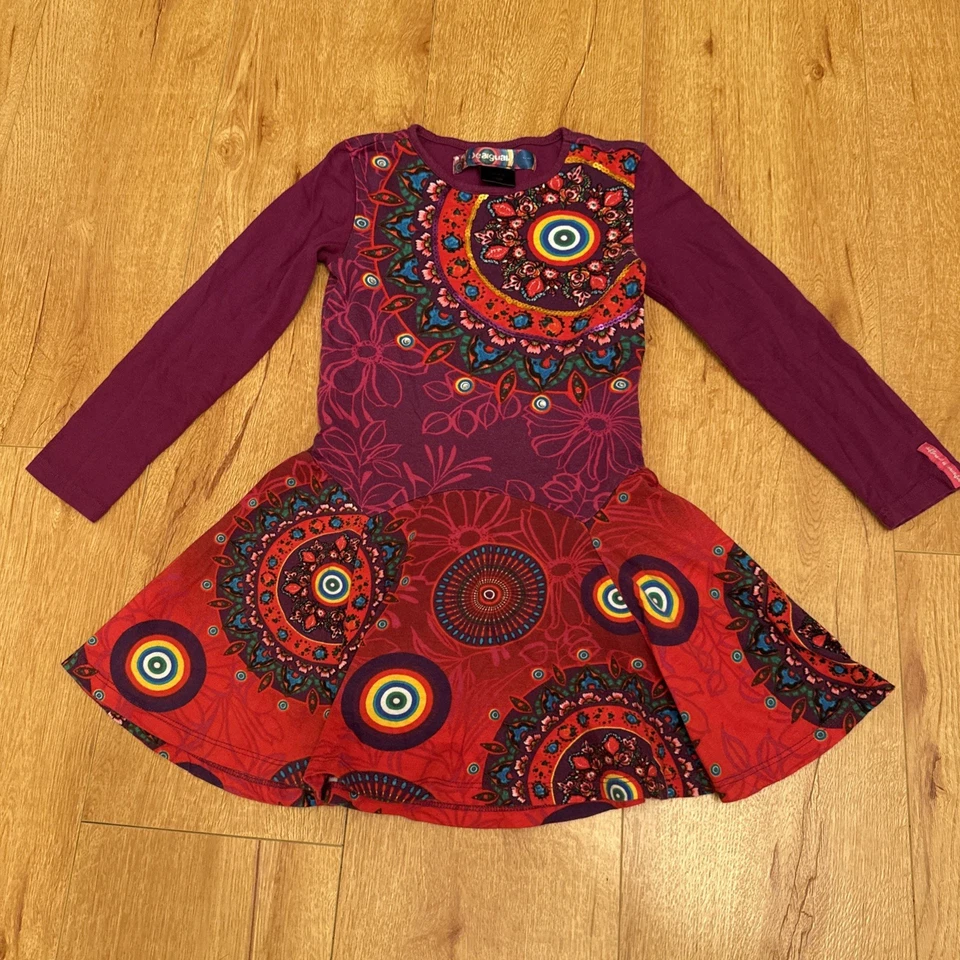 Vestido Desigual Niña Colorido Lentejuelas Algodón Orgánico Otoño Púrpura Floral Talla 5/6 Foto 1 de 4