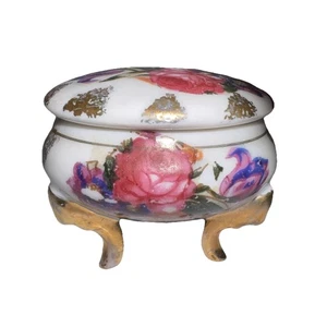 Porcelain Covered Floral Three Leg Gold Trim Trinket Box Vintage - Picture 1 of 6