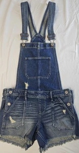 Hollister Boyfriend Short Overalls Blue Denim Distressed Raw Hem Size S - Picture 1 of 15