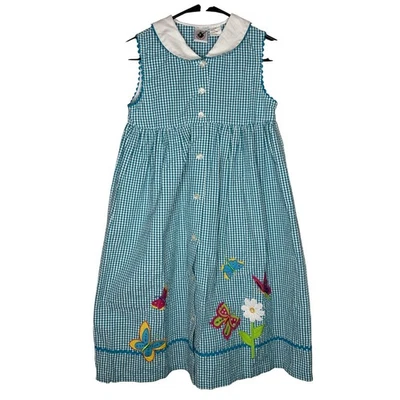 Vestido bordado Good Lad vintage linho meninas azul Gingham borboleta flor 12 - Imagem 1 de 4