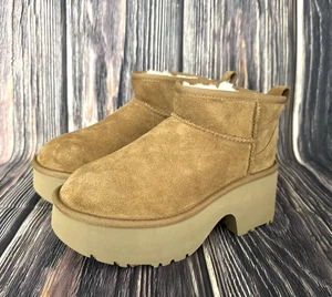 UGG Women's Ultra Mini New Heights Chestnut Suede Slip On Platform Boots Size 9 - Picture 1 of 12