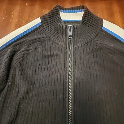 Suéter vintage Y2K tejido negro con rayas blancas/azules de carreras cremallera completa XXL  Foto 1 de 4