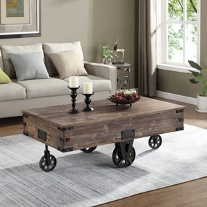 FirsTime & Co. Brown Factory Cart Coffee Table, Vintage Center Table with Whe... - Picture 1 of 7