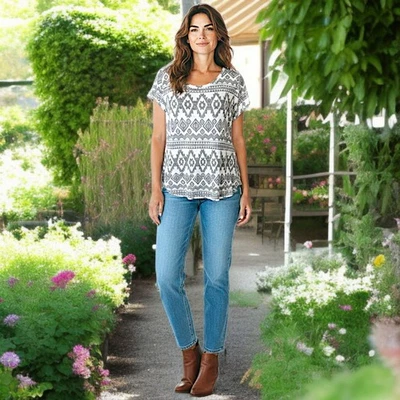 Y2K Прозрачный Топ Размер M Расслабленный Ацтекский Принт Асимметричный Подол Серый Громоздкий Юго-западный - Изображение 1 из 4