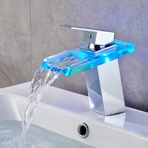 Grifo de baño LED cascada latón lavabo grifo mezclador frío caliente grifo montado en cubierta - Imagen 1 de 19