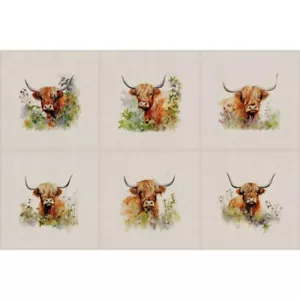 Cotton Rich Linen Look Fabric Digital Hedgerow Highland Cow Cows Farm Panel - Picture 1 of 1