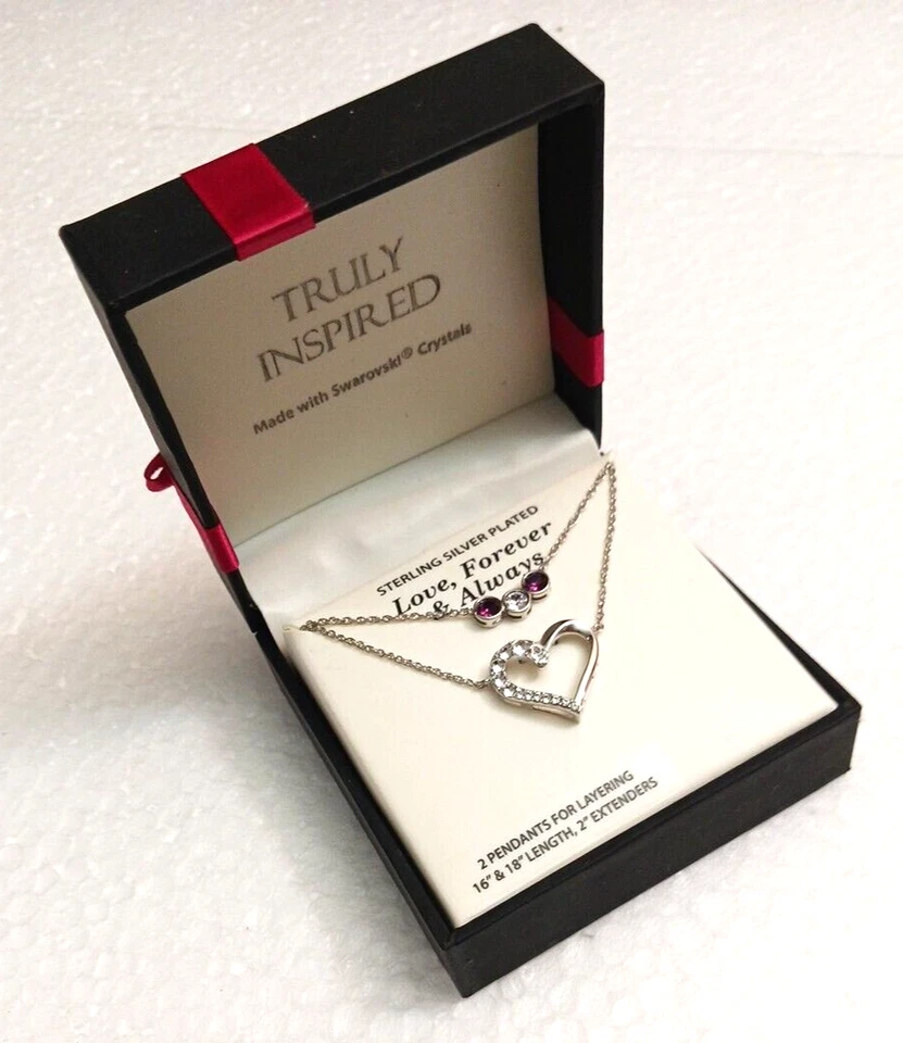 Collares colgantes chapados en plata de ley con cristales. Corazón en capas 16" + 18" Foto 1 de 4